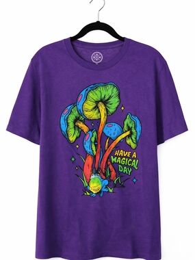 Purple Graphic Tee with Colorful Mushroom Design